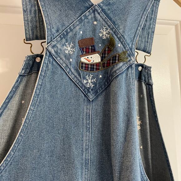 Vintage Christopher & Banks Denim Overalls Medium Embroidered Winter Holidays - Picture 4 of 10